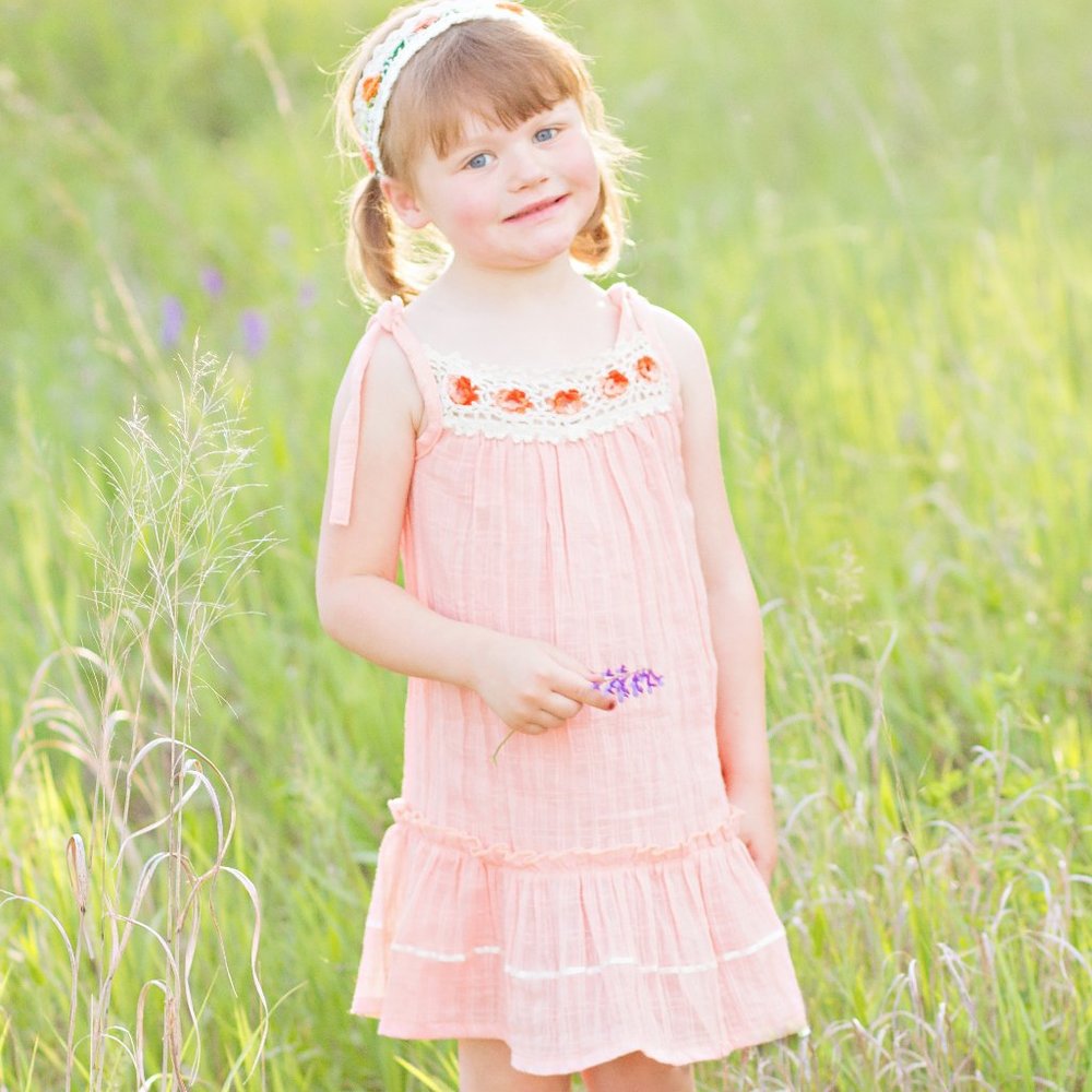 Peach Crochet Flower Pinafore Dress for Girl